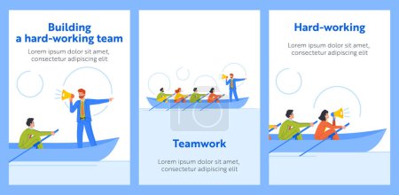 Ilustración de Cartoon Banners Related to Teamwork and Unity. People In Boat Rowing In Unison With Coordinated Efforts Towards A Goal. Business Characters Working Together To Achieve Success. Vector Posters - Imagen libre de derechos