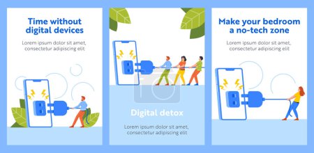 Téléchargez les illustrations : Digital Detox Cartoon Banners with Tiny People Pull Plug Turning Off Giant Phone. Concept Of Disconnecting From Technology, Importance Of Unplugging And Taking Time For Oneself. Vector Posters - en licence libre de droit