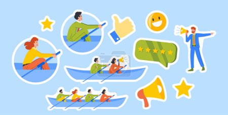 Illustration for Set of Stickers Teamwork, Unity, Collaboration Of People In Boat Rowing to Goal. Business Characters Working Together To Achieve Success. Leader with Megaphone. Cartoon Vector Illustration, Patches - Royalty Free Image
