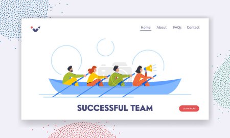 Illustration for Successful Team Landing Page Template. People Rowing Together in Boat. Concept of Growth, Renewal And Development. Characters Continuously Achieve Greater Goal or Success. Cartoon Vector Illustration - Royalty Free Image