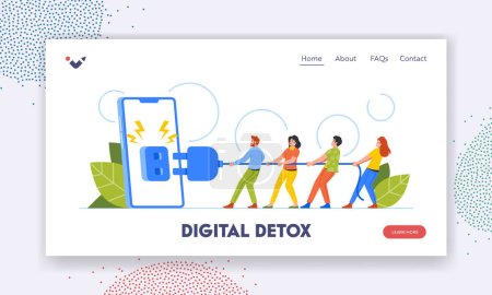 Ilustración de Digital Detox Landing Page Template. Tiny People Pull Plug Turning Off Giant Phone. Concept Of Disconnecting From Technology, Unplugging And Taking Time For Oneself. Cartoon Vector Illustration - Imagen libre de derechos