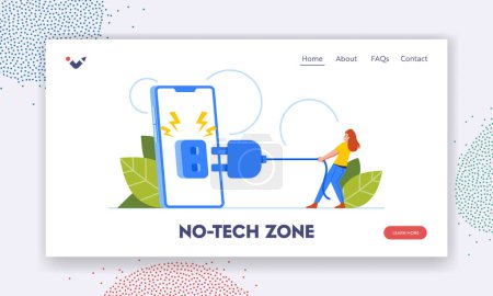 Illustration for No-tech Zone Landing Page Template. Technology Timeout Concept with Tiny Woman Power Off Huge Phone To Take A Break From Internet Female Character Detoxification. Cartoon People Vector Illustration - Royalty Free Image