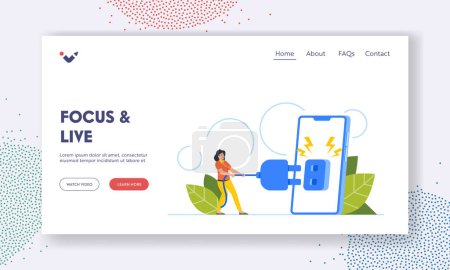 Ilustración de Focus and Live Landing Page Template. Tiny Woman Shut Off Huge Phone Putting Aside Technology. Concept of Importance Of Disconnecting To Connect With The Real Life. Cartoon People Vector Illustration - Imagen libre de derechos