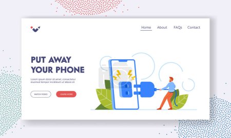 Illustration for Put Away your Phone Landing Page Template. Tiny Male Character Disconnecting From Huge Mobile. Concept Of Taking Break From Technology And Simplifying Life. Cartoon People Vector Illustration - Royalty Free Image