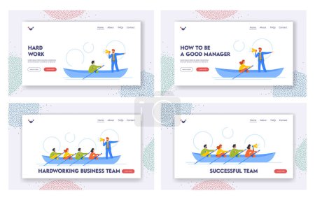 Illustration for Business Team Hard Work Landing Page Template Set. Teamwork, Unity, Collaboration Of Characters Working Together To Achieve Success. People Rowing In Boat to Reach Goal. Cartoon Vector Illustration - Royalty Free Image