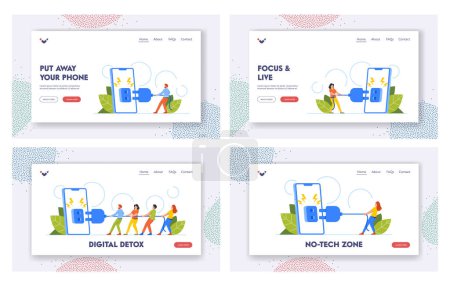 Téléchargez les illustrations : Digital Detox Landing Page Template Set. Tiny People Pull Plug Turning Off Giant Phone. Concept Of Disconnecting From Technology, Unplugging And Taking Time For Oneself. Cartoon Vector Illustration - en licence libre de droit