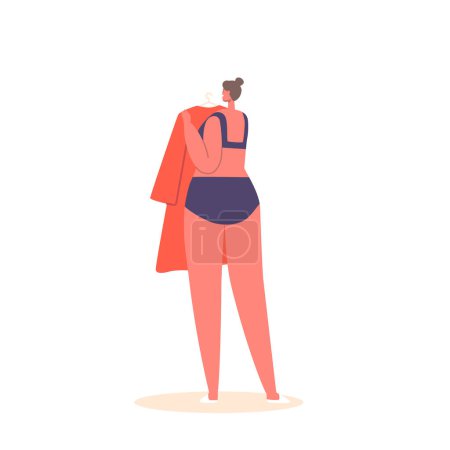 Ilustración de Joven personaje femenino sosteniendo vestido rojo en las manos Vista trasera aislado sobre fondo blanco. Mujer de lino probándose ropa, escoge ropa de verano. Ilustración de vectores de dibujos animados - Imagen libre de derechos