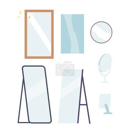 Ilustración de Set of Mirrors, Reflective Surface That Displays Clear Image Of Viewer Face Or Body, Commonly Used For Grooming, Decoration, And To Create An Illusion Of Space In Room. Cartoon Vector Illustration - Imagen libre de derechos