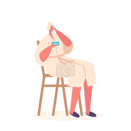 Téléchargez les illustrations : Young Adorable Woman Sitting on Chair Applying Facial Mask after Shower Isolated on White Background. Female Character Daily Routine, Bath Relax, Hygiene Procedure in Bath. Cartoon Vector Illustration - en licence libre de droit