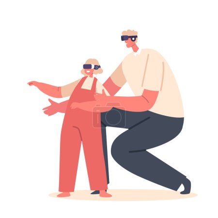 Illustration for Father with Little Daughter Wearing Vr Glasses Isolated White, Characters Lost In World Of Virtual Reality. Immersive Experience Of Vr Gaming or Educational Tech. Cartoon People Vector Illustration - Royalty Free Image