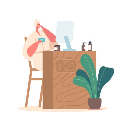 Téléchargez les illustrations : Female Character Every Day Routine, Bath Relax. Hygiene Procedure in Bathroom. Young Adorable Woman Sitting in front of Mirror Applying Facial Mask after Shower. Cartoon Vector Illustration - en licence libre de droit