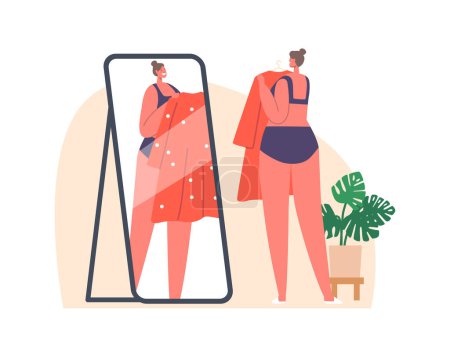 Illustration for Young Female Character Trying on Clothes in Dressing Room at Store or Home. Woman in Linen with Dress in Hands Stand in front of the Mirror with Summer Apparel. Cartoon Vector Illustration - Royalty Free Image
