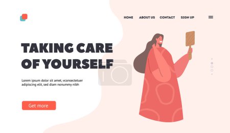 Illustration for Taking Care of Yourself Landing Page Template. Attractive Young Woman Look in Mirror Refreshing Makeup or Preen. Female Character Admire with her Image Look in Reflection. Cartoon Vector Illustration - Royalty Free Image