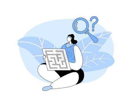 Illustration for Woman with Labyrinth Board Game Playing, Searching Solution, Challenge, Task. Female Character Figure Out Exit in Maze, Finding Solution, Strategy, Opportunity or Pastime. Cartoon Vector Illustration - Royalty Free Image