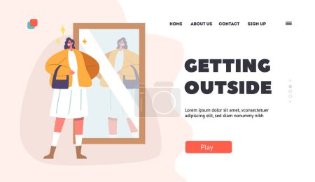 Téléchargez les illustrations : Smiling Female Character Admire with her Reflection Landing Page Template. Attractive Young Woman in Casual Clothing Look in Big Mirror Imagine herself Queen of Beauty. Cartoon Vector Illustration - en licence libre de droit
