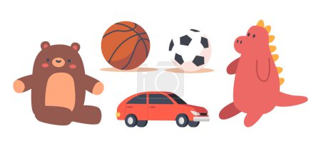 Illustration for Set of Toys for Children Development and Learning. Teddy Bear, Car, Soccer and Basketball Balls and Dinosaur. Gifts or Playthings for Little Preschool and School Kids, Cartoon Vector Illustration - Royalty Free Image