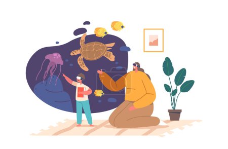 Illustration for Mother And Children Wearing Vr Headsets Study Nature and Underwater Animals In Home Setting. Curious Family Characters Immersed In Educational Learning Experience. Cartoon People Vector Illustration - Royalty Free Image