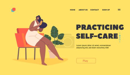 Illustration for Prcaticing Self-care Landing Page Template. Black Female Character Brushing Hair. Young Woman Sitting on Armchair Comb Beautiful Hair with Brush. Care, Hygiene Procedure. Cartoon Vector Illustration - Royalty Free Image