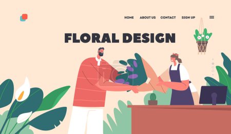 Illustration for Floral Design Landing Page Template. Man Buying Bouquet in Flower Shop. Saleswoman Giving Blossoms to who Choosing and Buying Present. Customer in Floristic Storr. Cartoon People Vector Illustration - Royalty Free Image