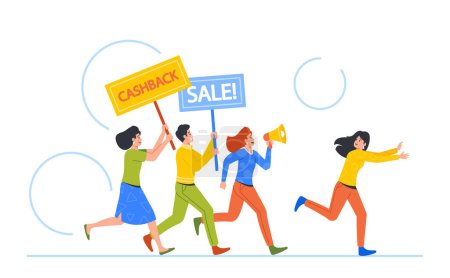 Ilustración de Woman Character Annoyed by Intrusive Advertising Escape from Promoters with Loudspeaker and Offers. Sellers Promoting Products with Discounts, Cashback and Bonuses. Cartoon People Vector Illustration - Imagen libre de derechos