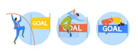 Ilustración de Business Man and Woman Characters Jumping over Barrier Isolated Round Icons or Avatars. Leadership, Overcome Obstacles, Successful Leader, Challenge and Office Race. Cartoon People Vector Illustration - Imagen libre de derechos
