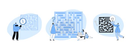 Illustration for Set Characters Finding Idea, Solution in Labyrinth. Challenge and Problem Solving Concept. Confused People at Maze Entrance Thinking how to Pass Difficult Way for Success. Cartoon Vector Illustration - Royalty Free Image