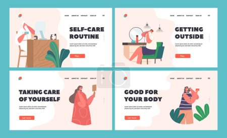 Téléchargez les illustrations : Women Daily Routine Landing Page Template Set. Young Female Characters Hygiene front of the Mirror. Girl Comb Hair, Apply Facial Mask, Rouge, Curl Hair, Dress On at Home. Cartoon Vector Illustration - en licence libre de droit
