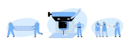 Illustration for Characters Work On Laser Cut Factory. Tiny Men In Worker Outfit And Helmets On Industrial Manufacture Producing Materials With Laser Cutting Details And Process. Cartoon People Vector Illustration - Royalty Free Image