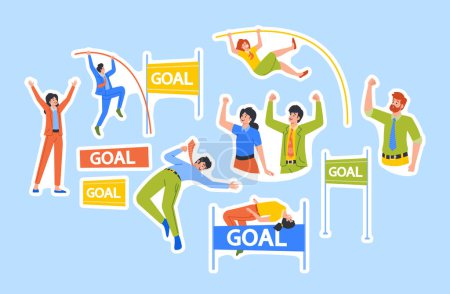 Illustration for Set of Stickers Business Characters Jump over the Hurdle Isolated Patches. Business Man or Woman Fight for Leadership, Successful Leader Boost Idea, Career, Project. Cartoon People Vector Illustration - Royalty Free Image