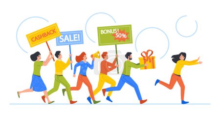 Ilustración de Aggressive Marketing Campaign Concept. intrusive Sellers Characters Announce Promotions Chase Escaping Buyer. Attracting Customers with Discount, Gifts and Cashback. Cartoon People Vector Illustration - Imagen libre de derechos