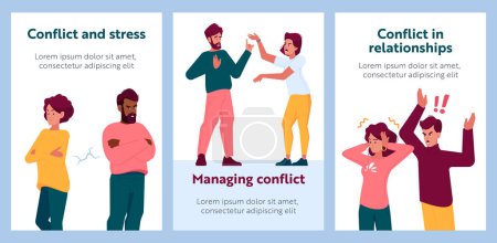 Téléchargez les illustrations : Conflict in Relationships Cartoon Banners. Angry Men and Women Expressing Tense and Aggression. Couple Quarrel, Disagreement Between Partners, Argument, Frustration And Anger. Vector Posters - en licence libre de droit