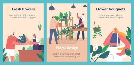 Téléchargez les illustrations : Cartoon Banners with Flower Shop Interior and Customers Choosing and Buying Flower Bouquets, Florist Women Caring of Plants, Making Floristic Designs for People in Store. Vector Illustration, Posters - en licence libre de droit