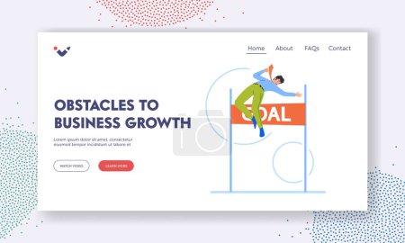 Téléchargez les illustrations : Obstacles to Business Growth Landing Page Template. Business Man Character Jumping over Barrier Overcome Challenge. Businessman Boost Leadership, Reaching the Goal. Cartoon Vector Illustration - en licence libre de droit