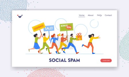 Illustration for Social Spam Landing Page Template. Aggressive Marketing Campaign Concept. intrusive Sellers Characters Announce Promotions, Gifts and Cashback Chase Escaping Buyer. Cartoon People Vector Illustration - Royalty Free Image