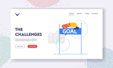 Ilustración de Challenge Landing Page Template. Successful Leader Business Woman Character Jump over Barrier. Businesswoman Take Part in Leadership Competition, Overcome Obstacles. Cartoon People Vector Illustration - Imagen libre de derechos