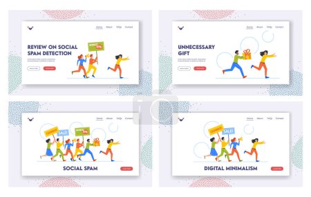 Téléchargez les illustrations : Social Spam Landing Page Template Set. Sellers Make Announcements of Discounts on Goods and Services. Men and Women with Loudspeaker, Gift and Certificate Follow Customer. Cartoon Vector Illustration - en licence libre de droit