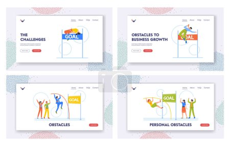 Illustration for Overcome Obstacles Landing Page Template Set. Business Characters Jumping over the Hurdle with Pole. Business Man or Woman Career Boost, Reaching the Goal. Cartoon People Vector Illustration - Royalty Free Image