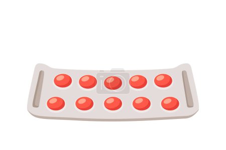 Illustration for Blister With Tablets For Disease Treatment and Pain Reduce. Pack Of Red Round Tablets. Medicine, Vitamin, Antibiotic Pharmacy Icon Isolated on White Background. Cartoon Vector Illustration - Royalty Free Image