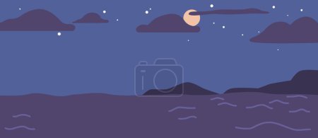 Illustration for Night Ocean Under Starry Sky With Shining Full Moon Above Sea With Rocks Sticking Up Of Water. Beautiful Nature Landscape Background, Scenery View. Cartoon Vector Illustration - Royalty Free Image