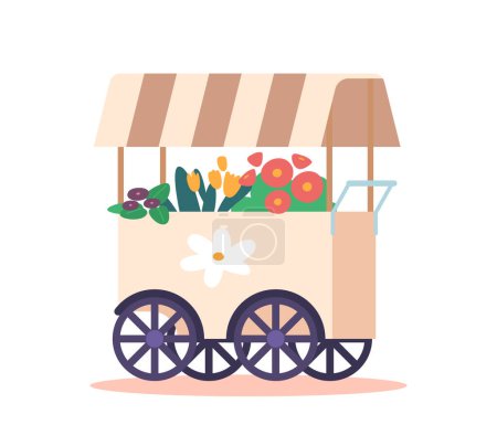 Illustration for Wheeled Flower Shop Booth Displaying Various Colorful Fresh Flowers And Plants. Isolated Element for Florists Store, Garden Center, Spring or Summer Sales Events. Cartoon Vector Illustration - Royalty Free Image