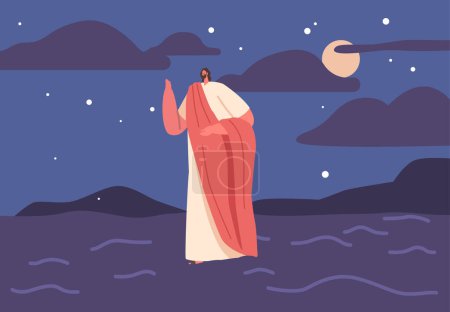 Illustration for Jesus Walking On Water Bible Scene, Son of God Standing on Sea Waves And Night Stormy Sky In The Background. Religious Or Spiritual Concept for Biblical Narratives. Cartoon Vector Illustration - Royalty Free Image
