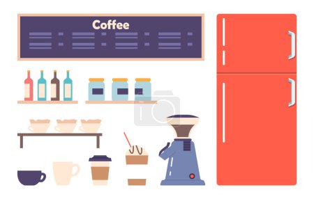 Illustration for Set of Coffee Shop Interior Items. Wooden Table, Shelves with Various Coffee-related Items Such As Mugs, Beans, And Brewing Equipment. Refrigerator, Coffee Machine. Cartoon Vector Illustration, Icon - Royalty Free Image