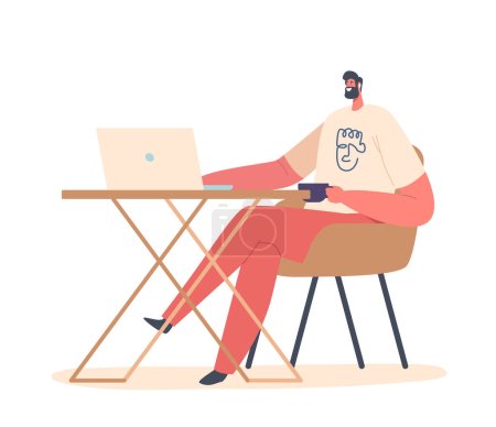 Foto de Concepto de ocupación independiente. Hombre relajado Freelancer personaje sentado en sillón de trabajo distante en el ordenador portátil de casa y beber café. Lugar de trabajo del trabajador remoto, trabajo. Ilustración de vectores de dibujos animados - Imagen libre de derechos