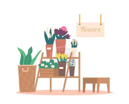 Ilustración de Beautiful Of Flower Shop Display With An Array Of Colorful Blooms On Wooden Rack and Hanging Signboard. Showcase with Plants, Floral Business, Retail Production. Cartoon Vector Illustration - Imagen libre de derechos
