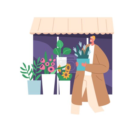 Illustration for Man Bought Bouquet in Street Flower Store. Young Male Character Standing near Floristic Shop Showcase Window with Fresh Blossoms and Houseplants Array. Cartoon People Vector Illustration - Royalty Free Image