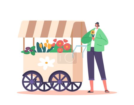 Téléchargez les illustrations : Woman Choose or Sell Bouquets in Flower Store. Young Female Character Standing near Outside Wheeled Floristic Shop Booth with Fresh Blossoms. Cartoon People Vector Illustration - en licence libre de droit