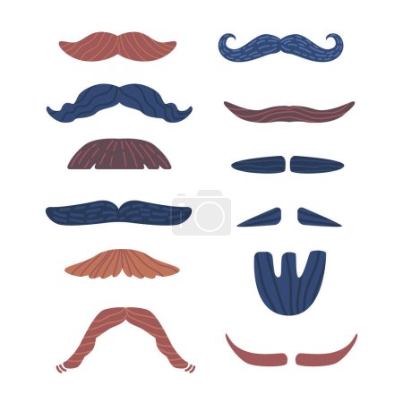 Téléchargez les illustrations : Set of Mustache And Beard Styles Ranging From Classic To Modern For Promoting Mens Grooming Products, Facial Hair Trends, Barber Shop Services. Cartoon Vector Illustration, Icons - en licence libre de droit
