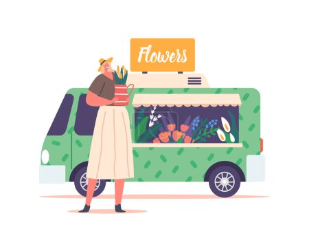 Illustration for Woman Bought Bouquet in Street Flower Store. Young Female Character Standing near Floristic Shop Bus with Fresh Blossoms and Houseplants on Showcase Window. Cartoon People Vector Illustration - Royalty Free Image