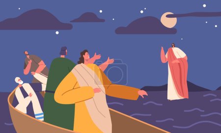 Illustration for Biblical Scene Jesus Walking On Water With Waves And Cloudy Sky on Background and Apostles Sitting in Boat. Miraculous Event From The Gospels, Religious Or Spiritual Theme. Cartoon Vector Illustration - Royalty Free Image