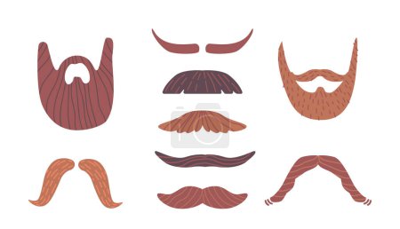 Illustration for Assortment Of Mustache And Beard Styles, Goatee, Stubble, Handlebar, Full Beard. Icons For Mens Grooming Products, Different Styles For Hair Salons Or Barber Shops. Cartoon Vector Illustration - Royalty Free Image